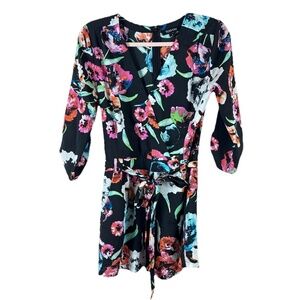 YUMI KIM womens size S black floral short sleeve surplice tie waist romper